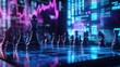 © DailyStock - Futuristic Chess Board with Glowing Digital Chess Pieces and Holographic Queen, Blue and Purple Light Effects, Data Charts, and Stock Market Graphs