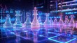 © DailyStock - Futuristic Chess Board with Glowing Digital Chess Pieces and Holographic Queen, Blue and Purple Light Effects, Data Charts, and Stock Market Graphs