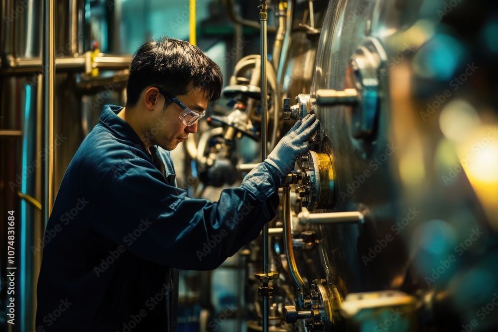 Two technicians are engaged in maintenance work on large industrial equipment in a facility, focusing on ensuring proper operation and safety protocols.