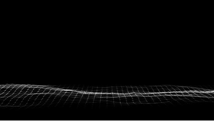 Abstract wave with light on black background. Science background with moving dots and lines. Network connection technology. Digital structure with particles. Vector illustration.