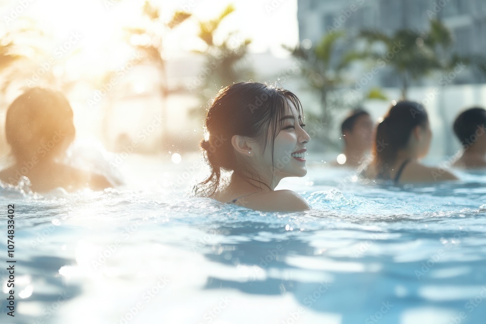A group of Asian swimmers delight in a modern pools clear waters, surrounded by sunlit palm trees.