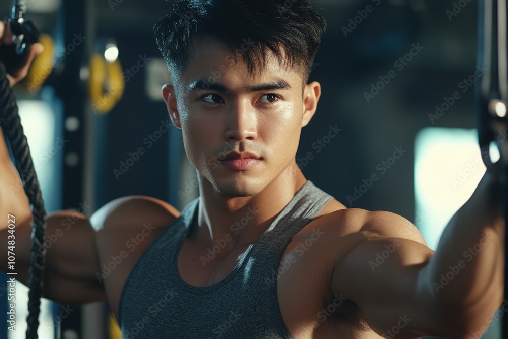 A young Asian male focuses intently while performing resistance training in a modern gym.