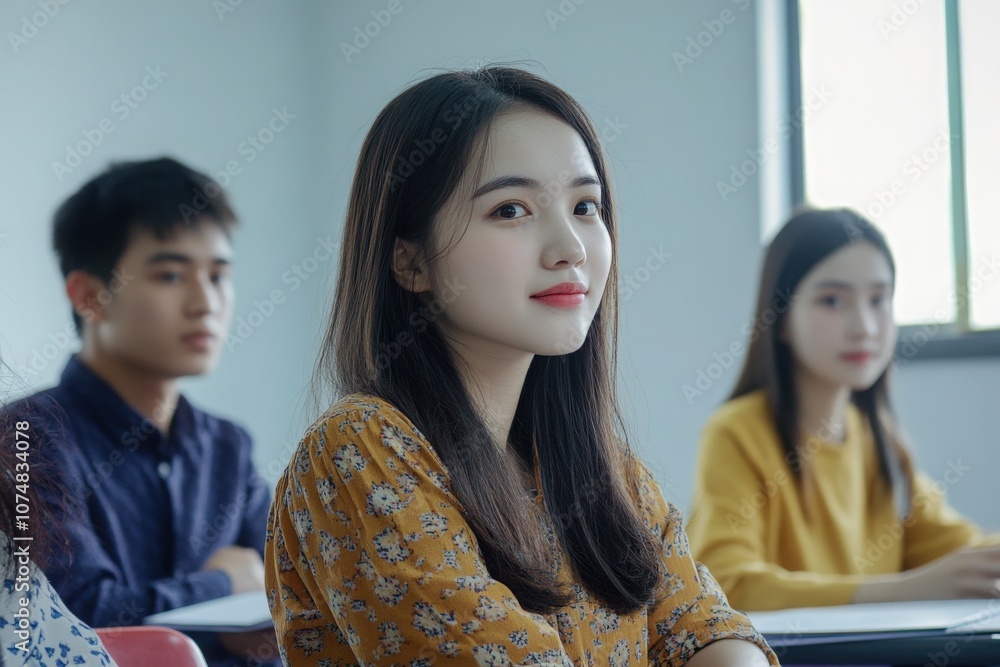 A group of young Asian students is actively participating in a classroom setting. They are focused on their lesson, with one student smiling as she engages with the content.