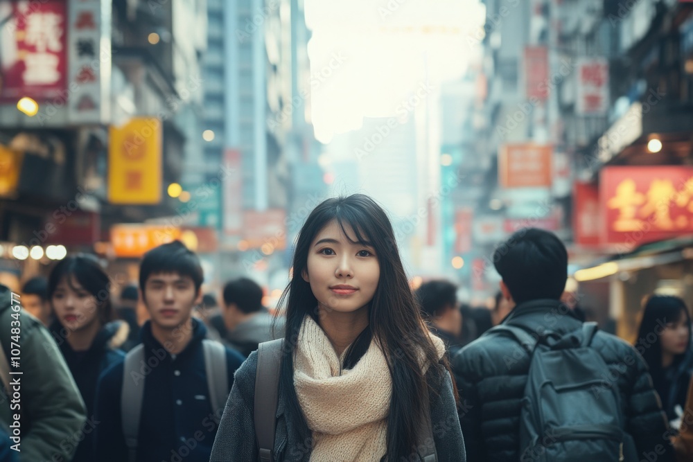A group of young Asian people are walking through a busy urban area filled with shops and bright signage. The atmosphere is lively with many pedestrians around.