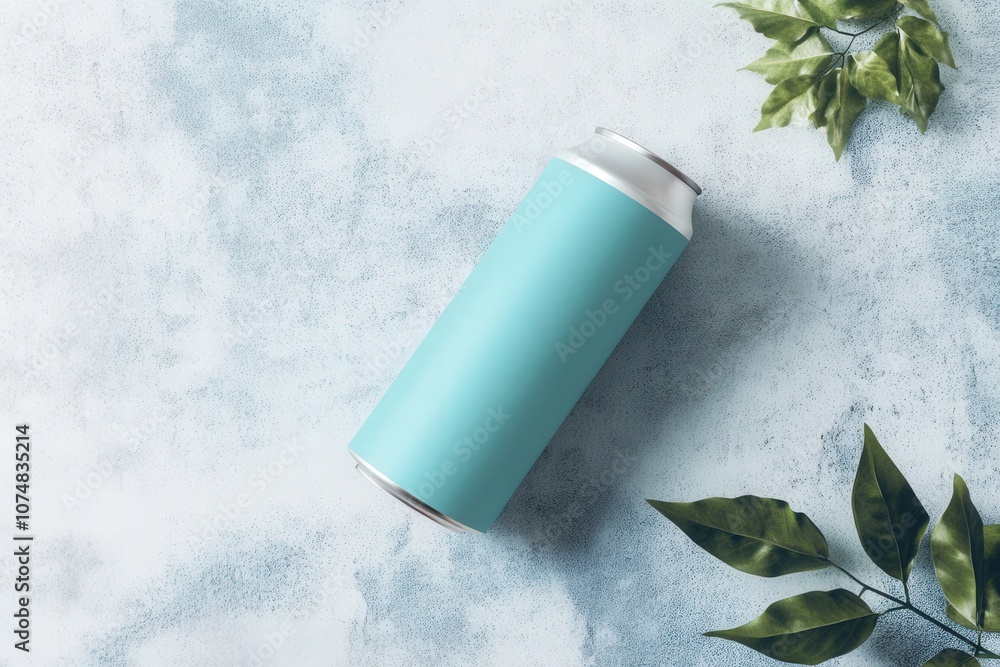 A vibrant energy drink can mockup rests on a softly textured surface surrounded by lush green leaves, creating a refreshing and energetic atmosphere perfect for branding purposes.
