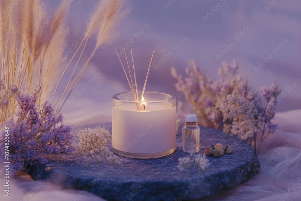 A tranquil setup featuring a candle jar with burning wick beside an essential oil diffuser, surrounded by delicate dried flowers on a textured stone surface that enhances the calming atmosphere.