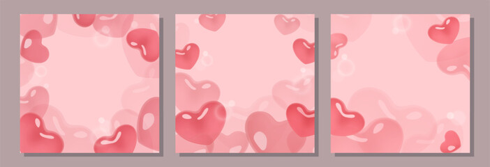 Wall Mural - Heart shape bubbles 3d wedding backgrounds designs set. Cute romantic abstract banners with copy space collection. Vector illustration.