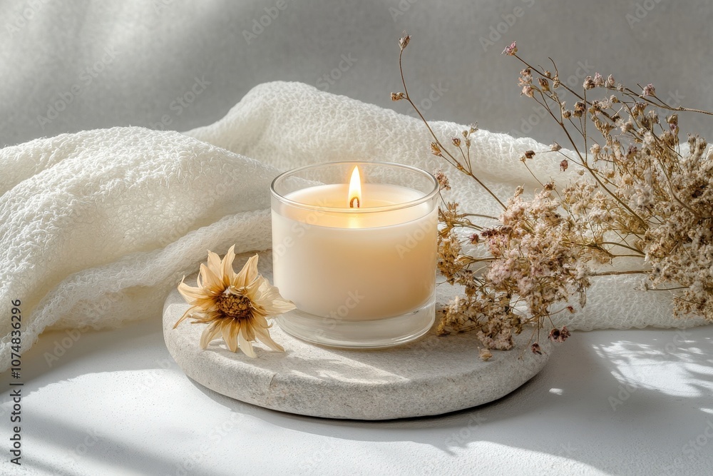 A scented candle is lit on a smooth stone plate, surrounded by delicate dried flowers and a soft, textured fabric, creating a calm and inviting atmosphere in a cozy setting.