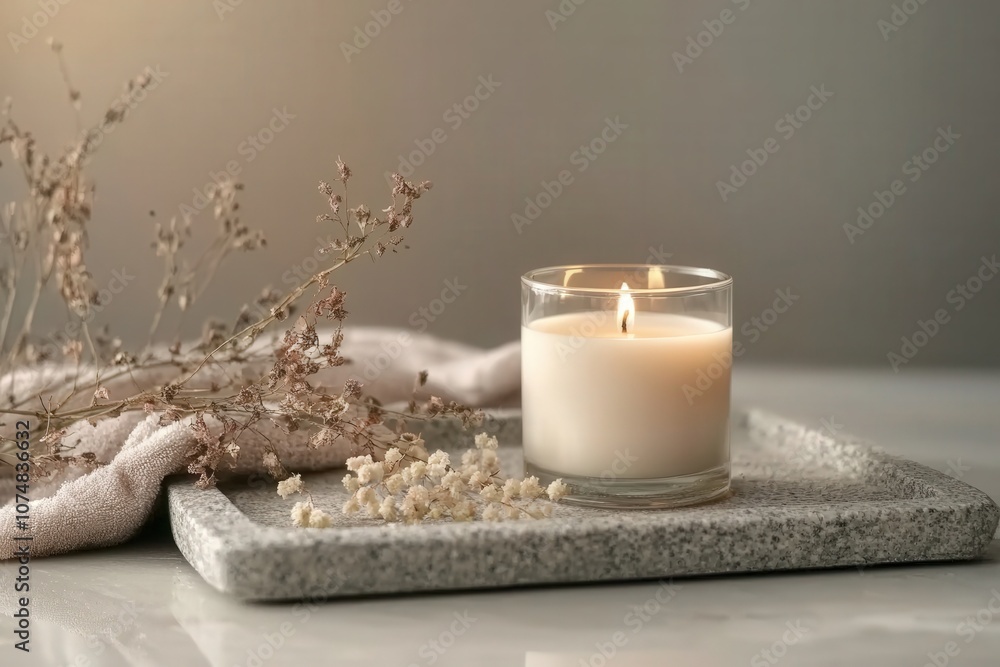 A clear candle jar filled with creamy wax burns gently on a soft stone surface. Dried flowers and fabric accompany it, creating a serene and calming atmosphere.