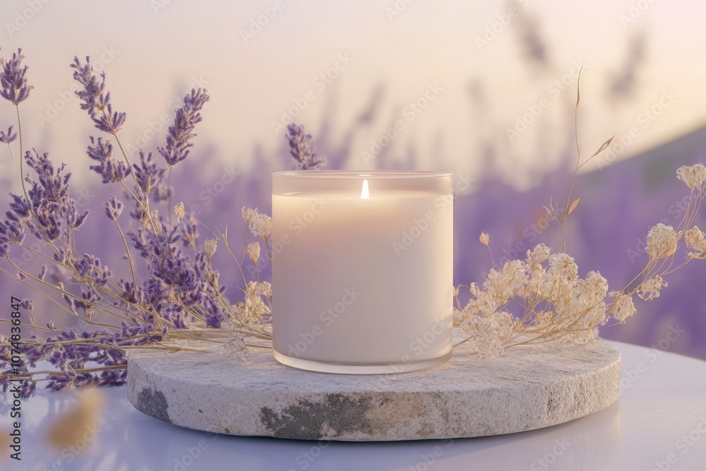 A beautifully crafted scented candle jar sits on a stone base, surrounded by delicate lavender flowers. The soft glow from the candle adds to the tranquil ambiance of the outdoor landscape.
