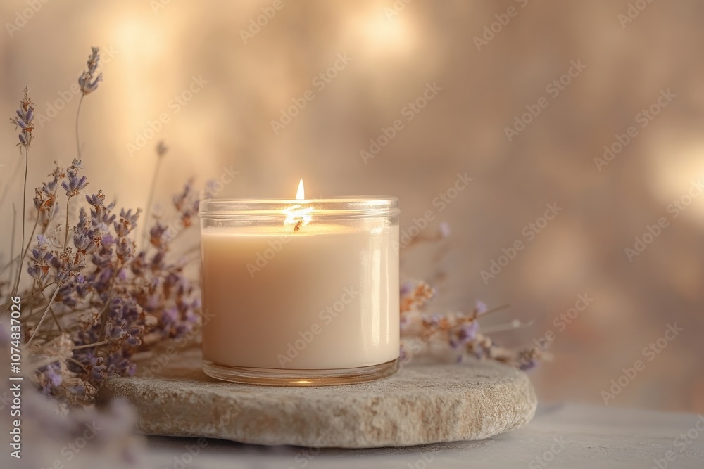 A beautifully styled scented candle jar emits a warm glow, resting on a natural stone surface. Surrounding lavender flowers add a touch of elegance and serenity to the ambiance.