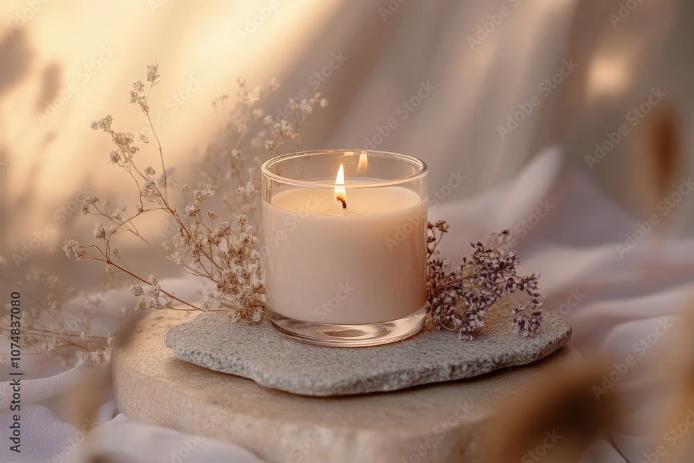A stylish scented candle jar is elegantly placed on a smooth stone surface, surrounded by soft fabric and natural flowers, creating a calming and inviting atmosphere perfect for relaxation.
