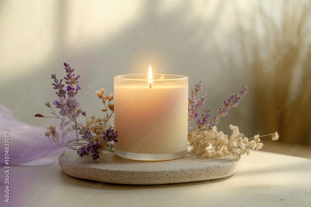 A stylish soy candle jar sits on a smooth stone, illuminated by a soft flame. Dried flowers accent the arrangement, enhancing the tranquil ambiance of this natural setting.
