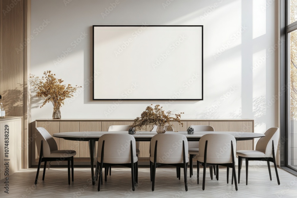 An elegant black rectangular frame is mounted on the wall of a contemporary dining room. The space is brightened by natural light filtering through large windows, creating a welcoming atmosphere.