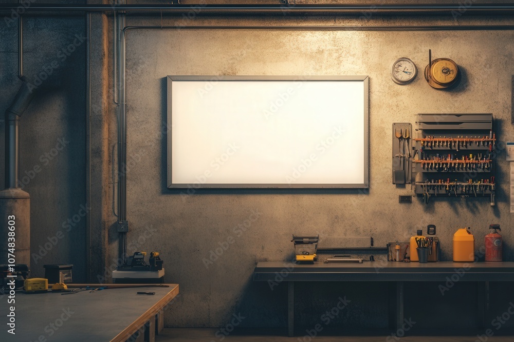 An empty white frame is positioned against a rough concrete wall in a workshop. Tools and equipment are organized nearby, creating a functional yet minimalist atmosphere.