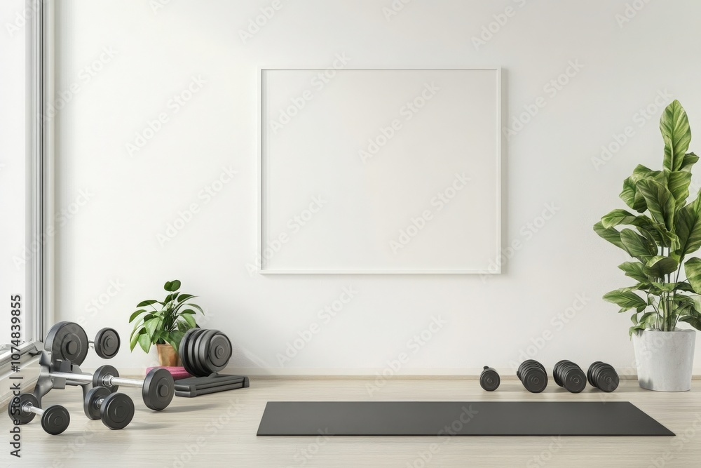 A spacious home gym features an empty white frame on the wall, with dumbbells and a yoga mat nearby. Lush green plants and organized weights create a fresh and inviting workout environment.