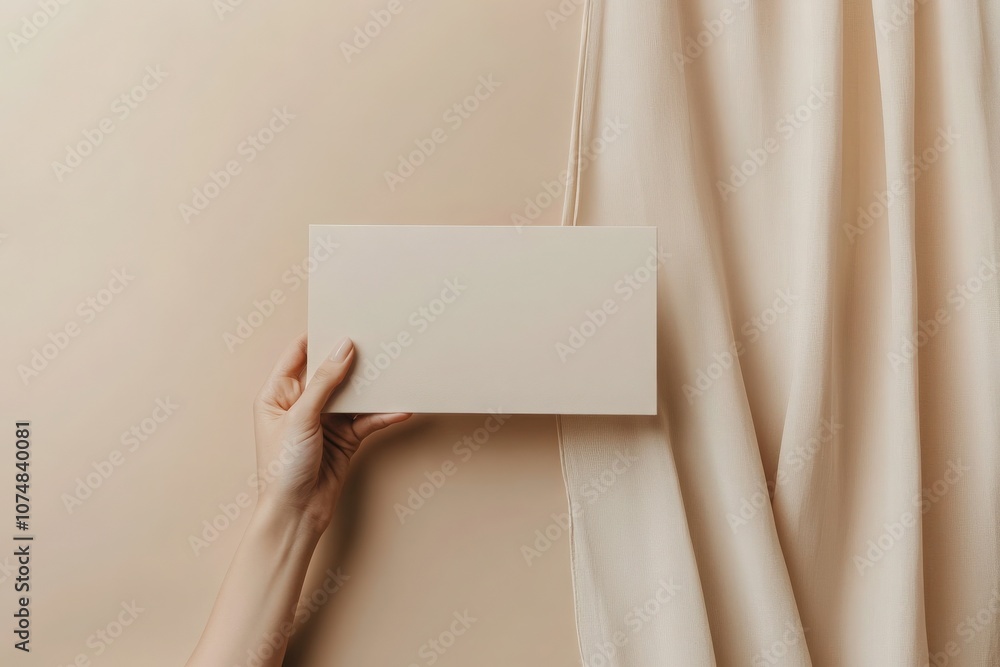 A hand gracefully displays a soft beige brochure mockup, set against a similar textured background. The subtle tones create a serene and minimal atmosphere, perfect for showcasing ideas.