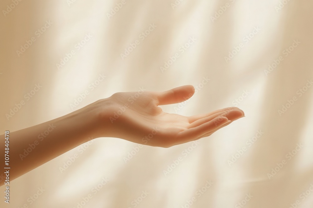 A gentle hand extends to hold a soft beige flyer mockup, illuminated by warm, natural light, creating a serene and inviting atmosphere, perfect for showcasing announcements or promotions.