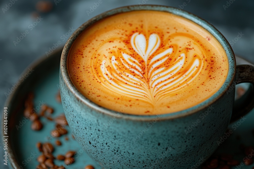 A beautifully crafted latte features intricate art on top, showcasing a vibrant orange hue. The cup is set against a dark backdrop, highlighting the drinks appealing details and textures.