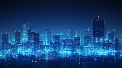 Poster - A futuristic cityscape with glowing blue lines connecting buildings, representing digital networks and technology.