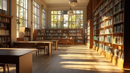 Wall Mural - Sunlight Streaming Through Windows in a Library
