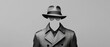 © ai tekno koncept - an invisible man wearing a hat  and glasses and a suit isolated on gray background, Unseen figure unknown incognito.