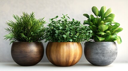 Fototapete - Arrangement of various potted succulents and other lush green foliage in modern,handcrafted ceramic containers for a beautiful,natural home decor display. The peaceful.