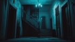 © Ellionn - Dimly lit old abandoned hallway, eerie atmosphere, shadows on walls. Staircase, ominous door. Ghostly glow. Peeling paint, worn floors. Decay and abandonment. Horror forgotten corridor in dark night.