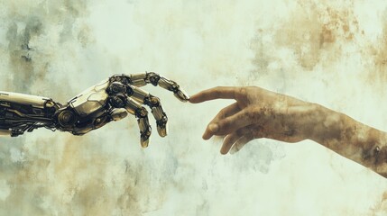 Poster - In a thought-provoking moment, a robotic hand and a human hand extend toward each other, symbolizing unity and innovation. Generative AI