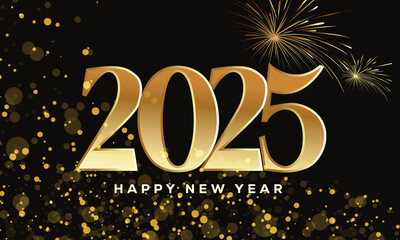 Wall Mural - 2025 fireworks, glittering gold new year card vector