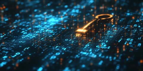 Aufkleber - A glowing golden key on a circuit board with blue digital data, symbolizing the future of cybersecurity and data security.