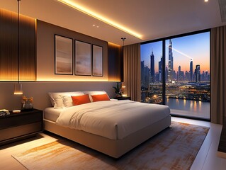 Aufkleber - Modern bedroom with large windows overlooking a city skyline at sunset.