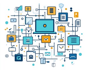 Poster - Digital file management concept with interconnected document and folder icons on a white background, representing efficient organization