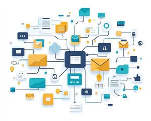 Poster - Digital file management concept with interconnected document and folder icons on a white background, representing efficient organization