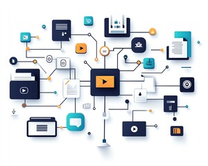 Poster - Digital file management concept with interconnected document and folder icons on a white background, representing efficient organization