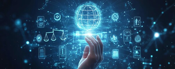 Poster - Futuristic digital interface with hand interacting with AI and legal icons on a blue background, representing legal innovations