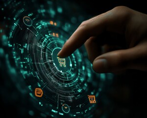 Aufkleber - Futuristic interface with a man s finger tapping a glowing hologram filled with shopping cart and ecommerce symbols