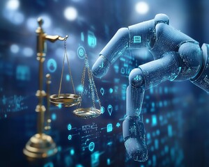 Leinwandbilder - Hand engaging with glowing AI and legal icons on a dynamic blue background, showcasing the future of legal technology