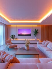 Poster - A stylish living room showcases customizable ambient lighting and sleek touch panels, creating a warm and inviting atmosphere. Generative AI