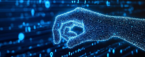 Poster - Hand touching digital AI and legal icons on a blue background, highlighting the fusion of technology and legal systems