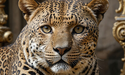 Wall Mural - a leopard with a spotted coat is staring intently at the camera