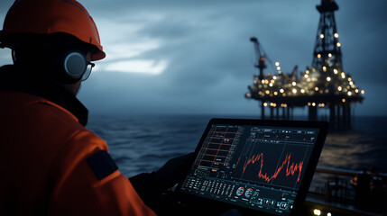 At dusk, an oil rig operator oversees operations via a tablet interface with charts and control buttons visible, while the rig looms in the distance, highlighting digital monitorin