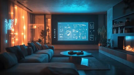 Aufkleber - A stylish living room showcases adaptable smart lighting, touch panels, and a cozy ambiance, ideal for relaxation or entertaining guests. Generative AI