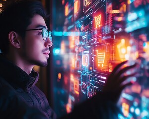 Poster - Man interacting with a glowing hologram, showcasing shopping cart and ecommerce icons, representing the future of online shopping