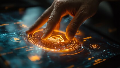 Aufkleber - Mans finger touching a glowing hologram with shopping cart and ecommerce icons, futuristic digital shopping experience