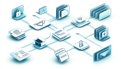 Poster - Set of interconnected digital document and folder icons, isolated on white background, representing organized data management system