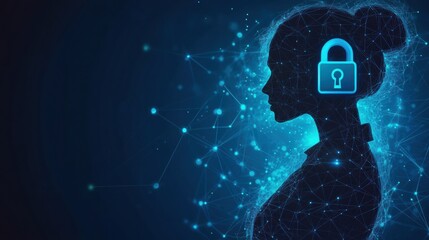 Fototapete - A person’s silhouette is outlined against a digital backdrop featuring a lock symbol, symbolizing the importance of privacy in AI technology. Generative AI