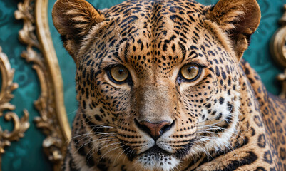 Wall Mural - a leopard stares intently at the camera, its spotted fur contrasting against a gold and teal backgro