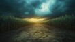 © horizon - Drought-affected cornfield showing withering stalks and cracked soil under dramatic cloudy sky, illustrating agricultural crisis and climate change impact.