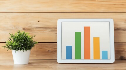 Wall Mural - a modern workspace featuring a colorful bar graph on a tablet alongside a small potted plant against